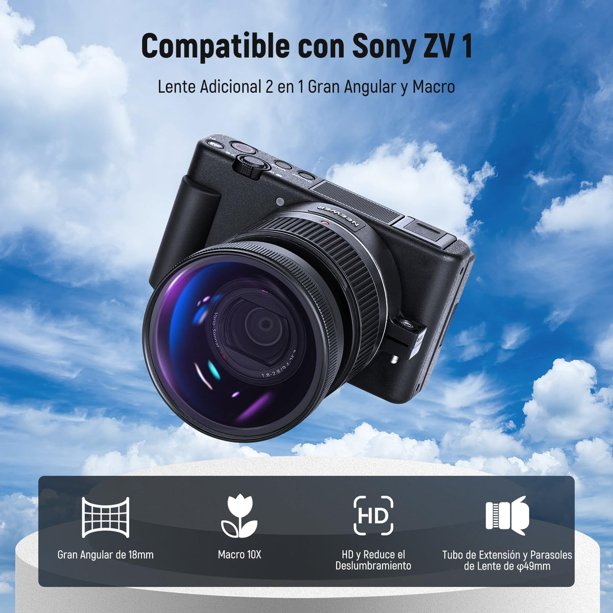 NEEWER Lente Gran Angular para Sony ZV1 Cámara, 2 in 1, Negro Frame | 18mm HD Wide Angle & 10x Macro Additional Lente, con Extension Tube, Bayonet Montura Lente Adaptador, Paño de Limpieza