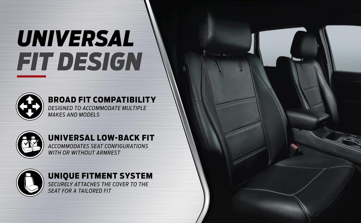Plasticolor 008626R01 - Funda de Asiento de Lujo Compatible con el Logotipo Bordado de Chevrolet, Costuras de Alto Contraste, 3 Piezas, sin Laterales, Color Negro