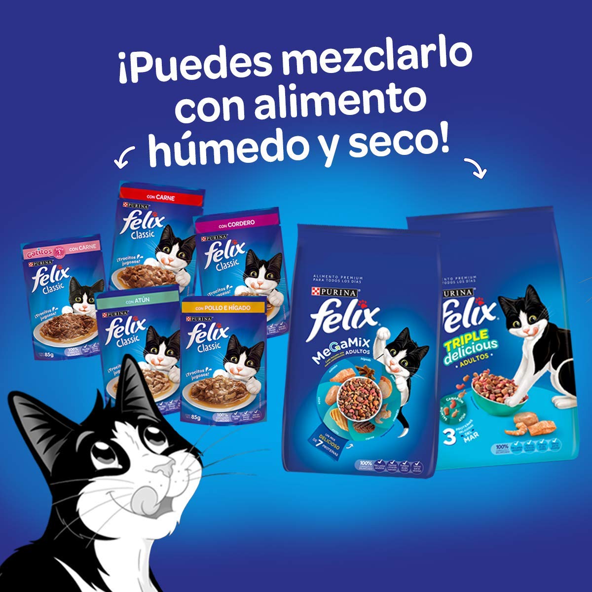 Felix Alimento Húmedo Sabor Atun Salmon y Sardina, Paquete con 24 Pzas de 85g