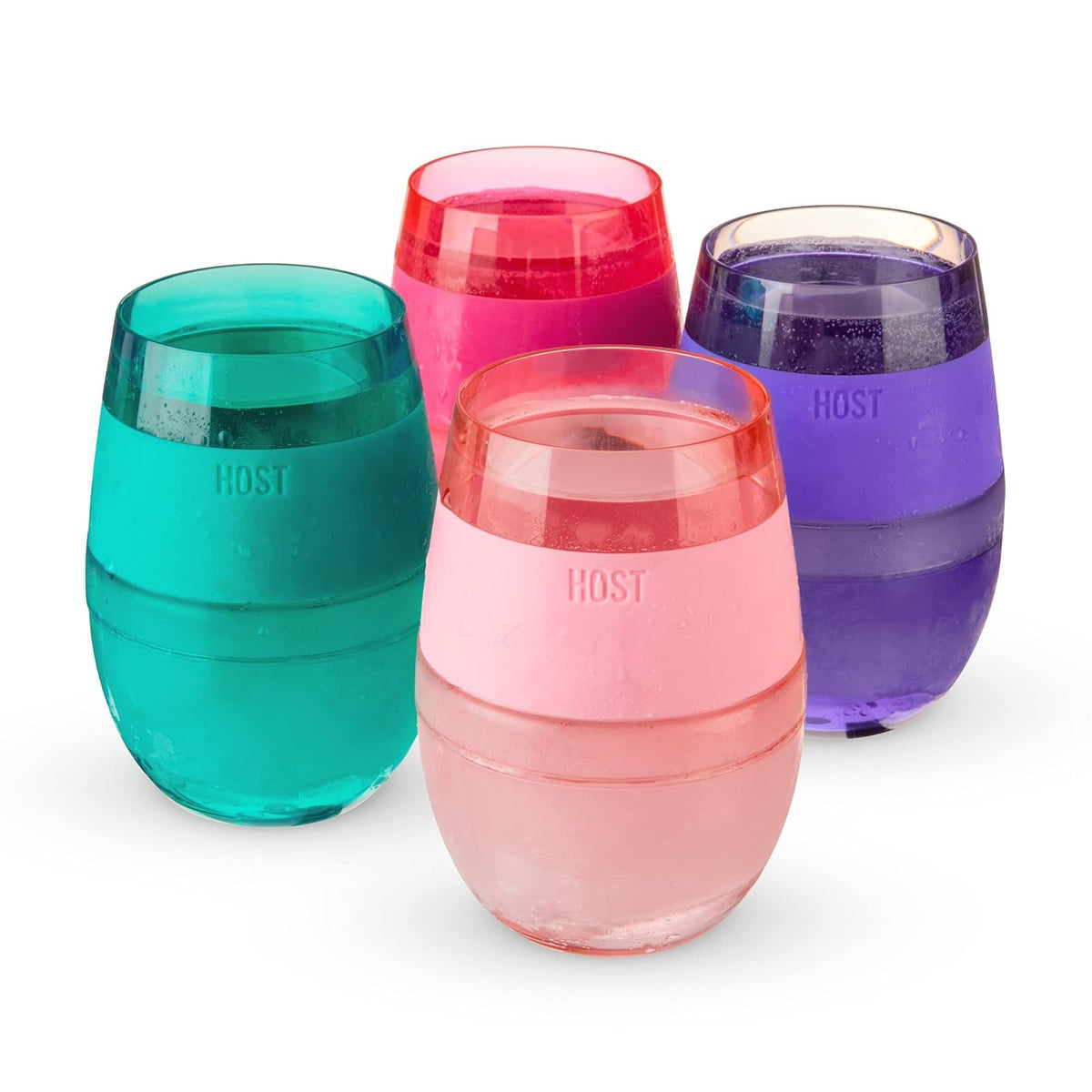 HOST - Juego de 4 vasos de refrigeración de plástico con aislamiento de doble pared congelable con gel congelador, copas de vino para vino tinto y blanco, 8.5 onzas, varios colores translúcidos