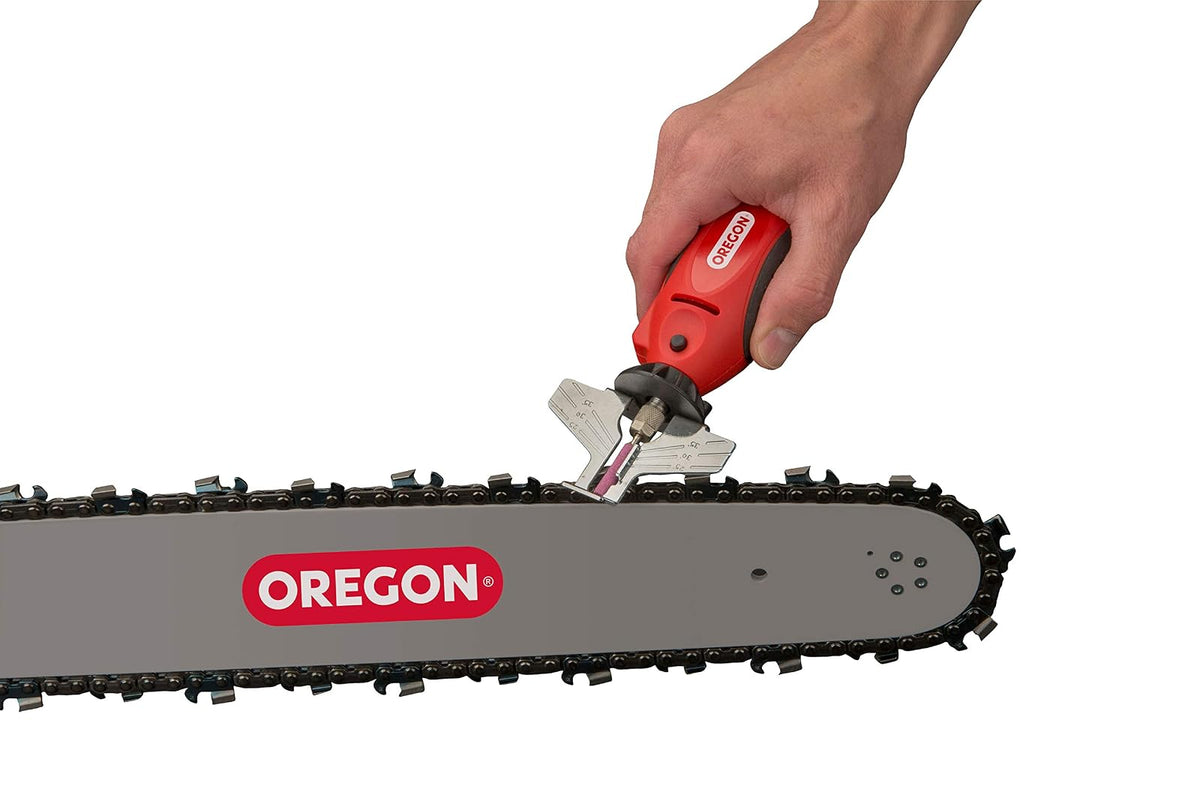 Oregon 575214 - Afilador de motosierra eléctrica de mano Sure Sharp de 12 V, herramienta de afilado y mantenimiento de cadena de sierra 2 en 1, cable de 16 pies
