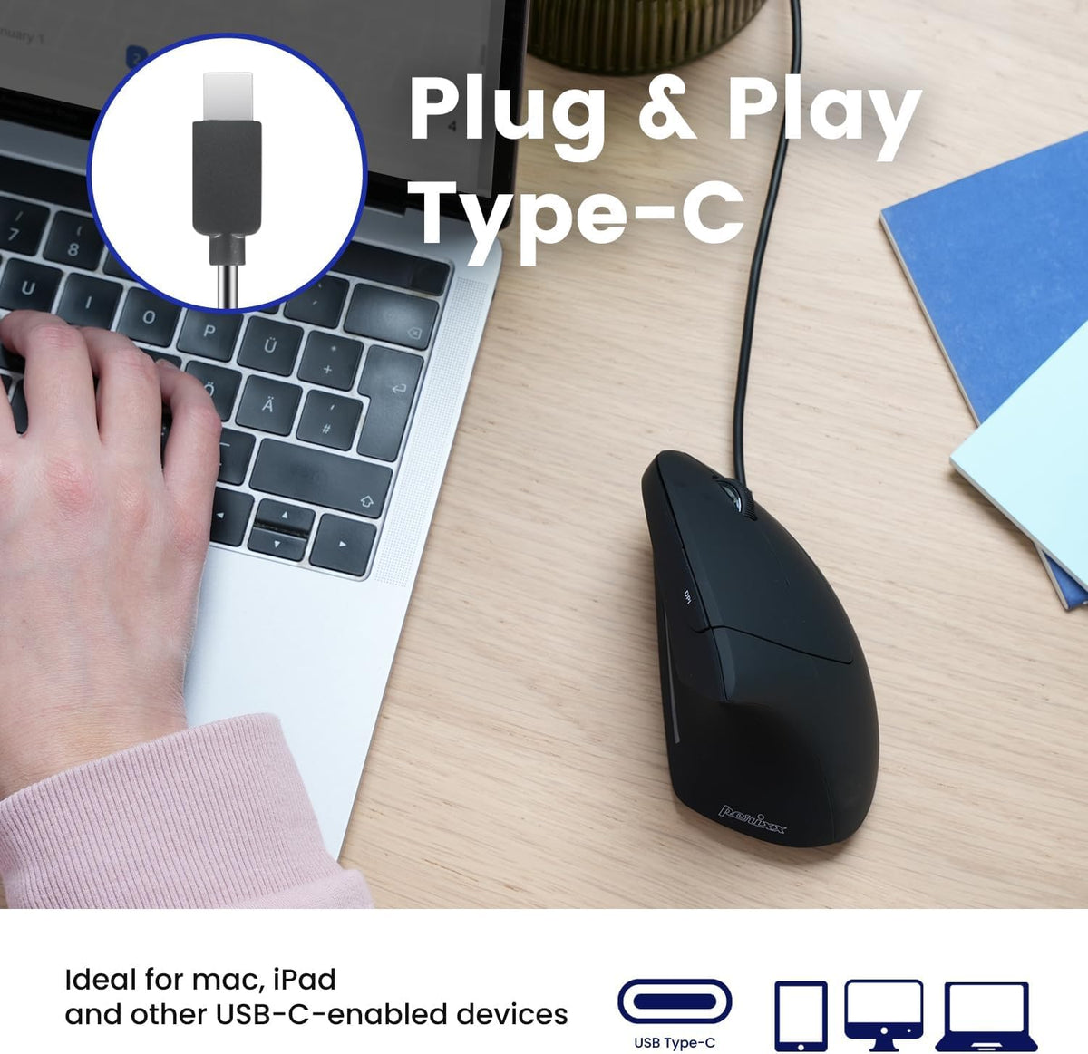 Perixx PERIMICE-513C - Mouse Vertical USB-C con Cable, 6 Botones, Ajustable 1000/1600 dpi, diestro, Cable de 6 pies, Negro