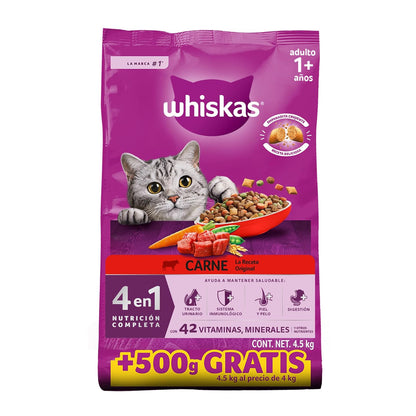 Whiskas Alimento Seco para Gatos Adultos 4 en 1, 100% Nutrición Completa y – Sabor Carne 4.5 kg