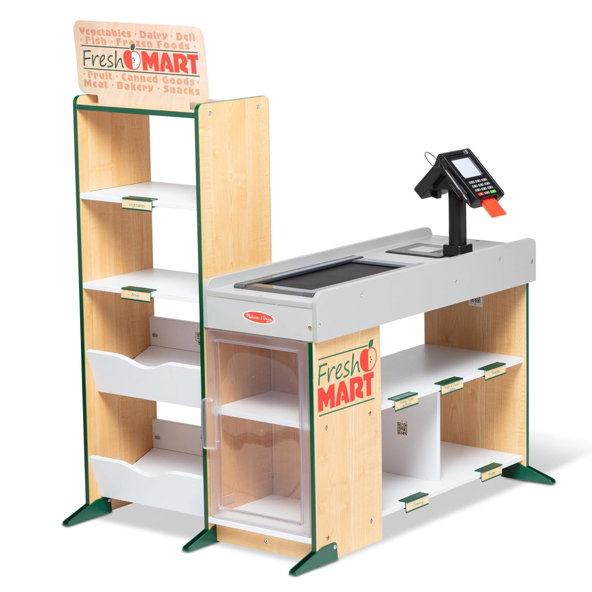 Melissa & Doug Puesto de Supermercado Fresh Mart, Juguete de Madera, Estantería Amplia Para Comestibles, Juguete Creativo (106.68 cm alto x 69.85 cm ancho x 88.9 cm largo)