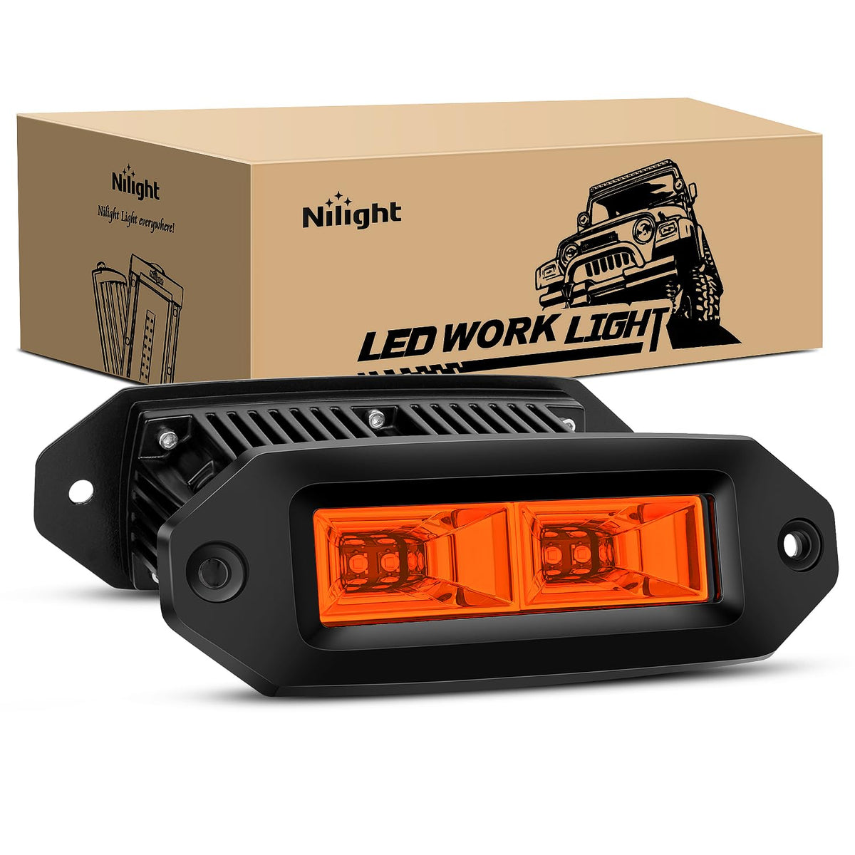 Nilight 2 PCS 40W Flush Mount Amber LED Pods Flood Beam Work Offroad Fog Reverse Light Backup Driving Lights for Bumper Truck ATV UTV SUV Boat - 2 luces ámbar de 40 W