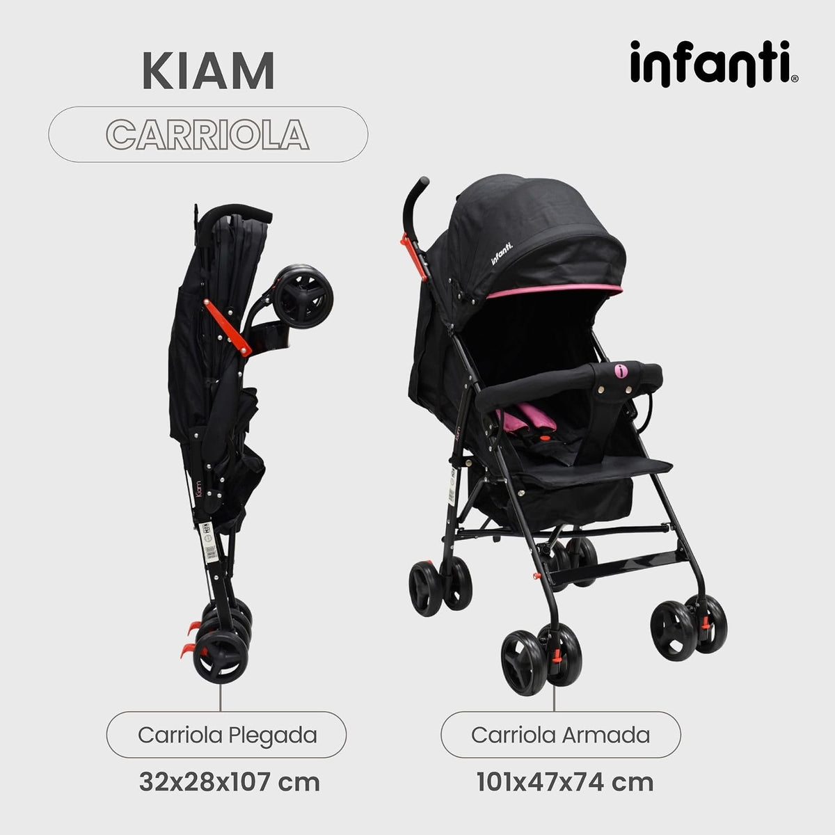 Infanti - Carriola para bebe KIAM - Carreola Ligera para Viajes De 6 Meses hasta 15 kg - Compacta y Con Barra de Seguridad - Color Negro con Rosa