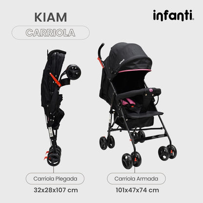 Infanti - Carriola para bebe KIAM - Carreola Ligera para Viajes De 6 Meses hasta 15 kg - Compacta y Con Barra de Seguridad - Color Negro con Rosa