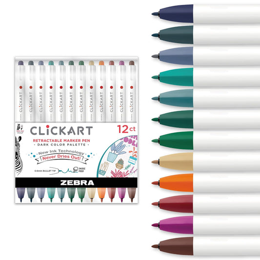 Zebra Pen ClickArt - marcador retráctil, punta fina, 0,6 mm, colores surtidos de tinta oscura, paquete de 12 (69812)