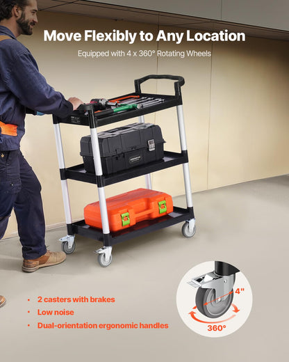 VEVOR Carro utilitario, Capacidad de Carga de 300 Libras, Carro de plástico utilitario de 3 Niveles con Ruedas giratorias de 360° (2 con Frenos), Carrito de Servicio de Alimentos de 24.5 x 16.1