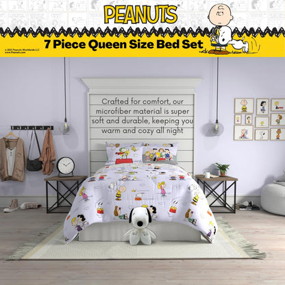 Franco - Juego de edredón de Snoopy, 7 Piezas, edredón, sábanas y Fundas de Almohada súper Suaves, Queen, Producto con Licencia 100% Oficial