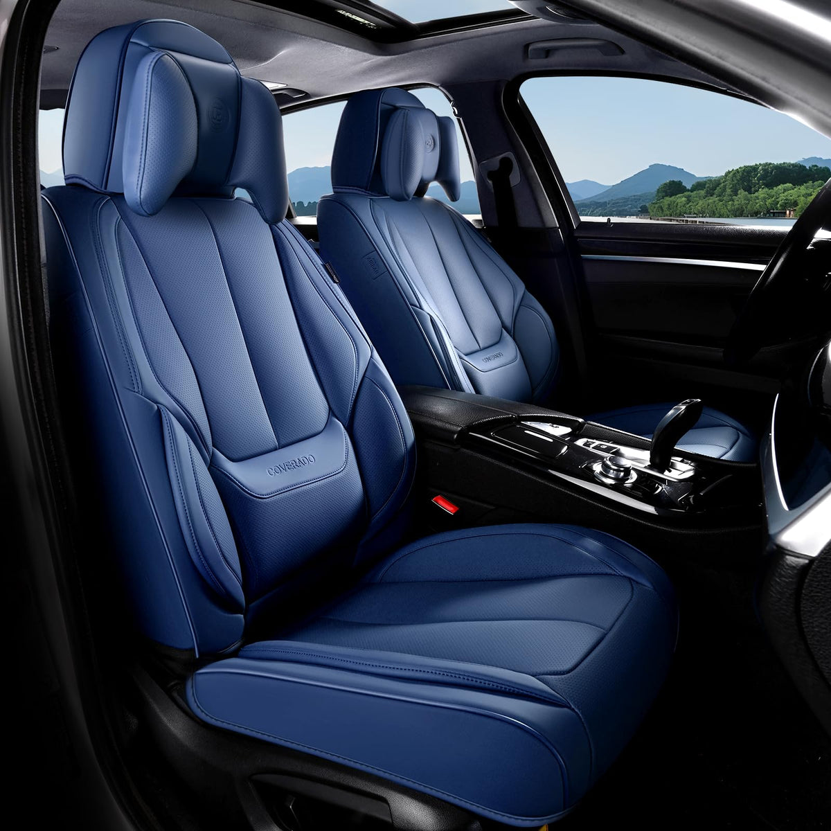Coverado Fundas de Asiento de Coche, Fundas de Asiento Delantero, Funda de Asiento de Coche, Protector de Asiento de Coche, Impermeable, cojín de Asiento de Piel de napa con Almohada de Cabeza, Funda - Azul (almohada) - Frente