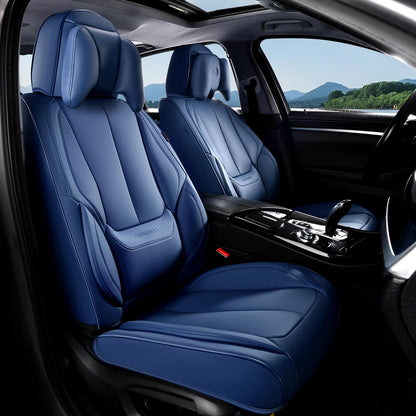 Coverado Fundas de Asiento de Coche, Fundas de Asiento Delantero, Funda de Asiento de Coche, Protector de Asiento de Coche, Impermeable, cojín de Asiento de Piel de napa con Almohada de Cabeza, Funda - Azul (almohada) - Frente