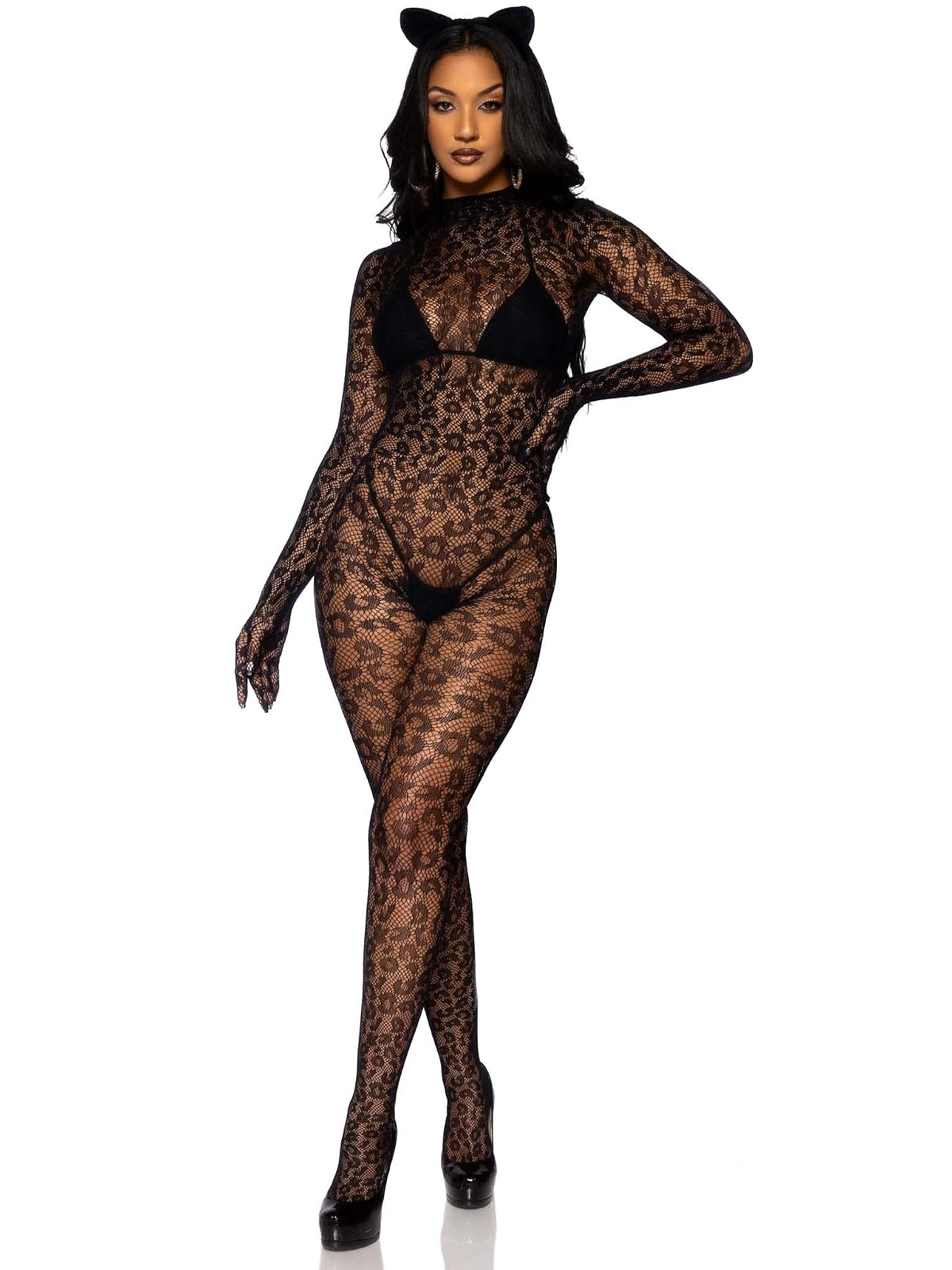 Leg Avenue - Traje de gato estándar sin costuras de leopardo para mujer, color negro, talla única