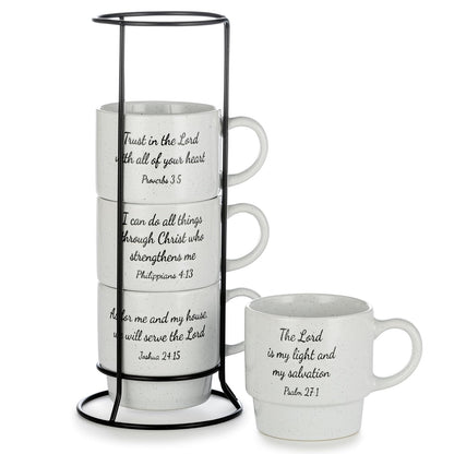 Signature Housewares Juego de 4 Tazas Apilables con Soporte de Metal 15 oz - Inspiración religiosa