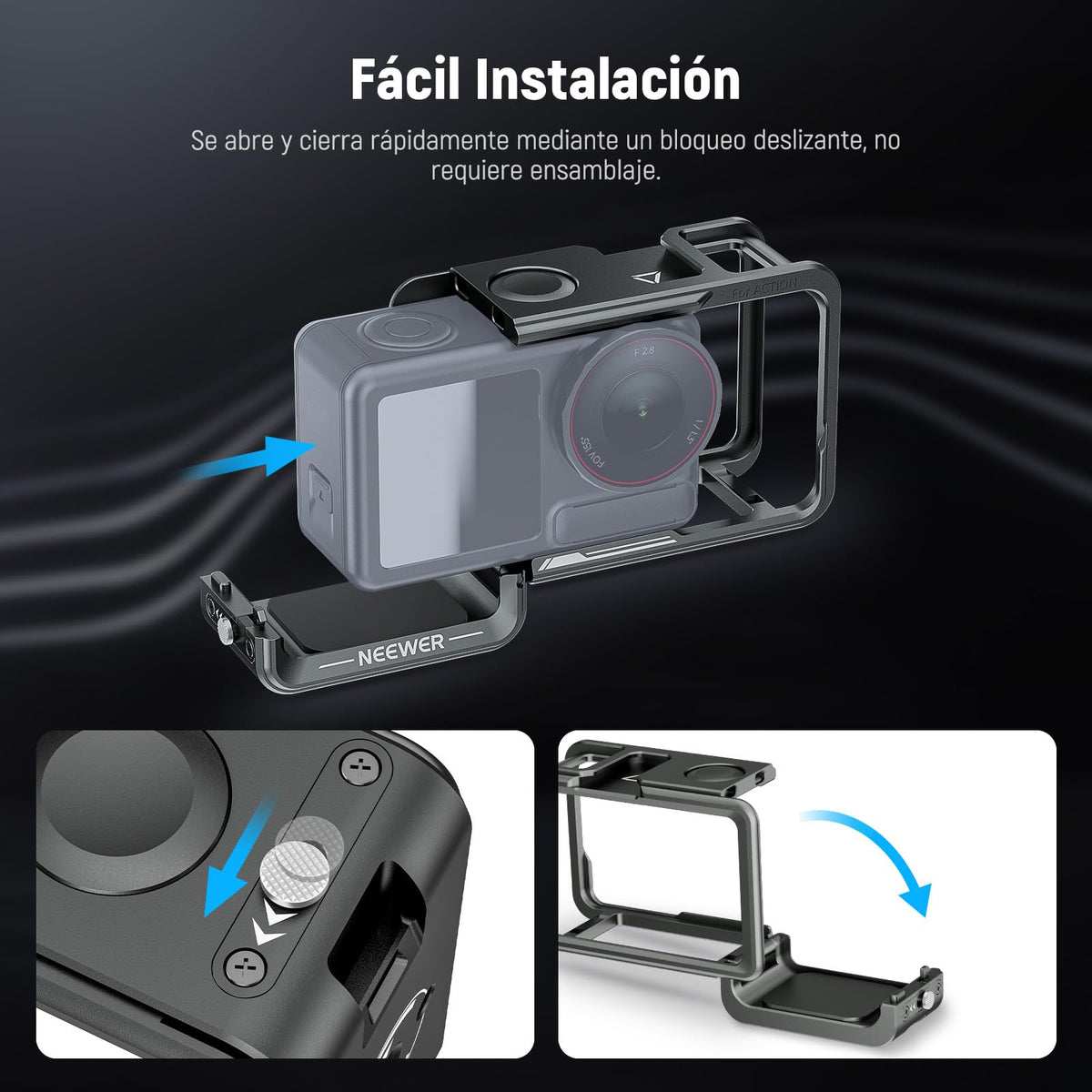 NEEWER Cámara Acción Cage para Osmo Action 5 Pro / 4/3, Protector Metal Video Rig con Zapata Fría, Rosca 1/4", Botón Obturador Compatible con dji Mic Magnetic Adapter Mount Accessories, AC014 Negro