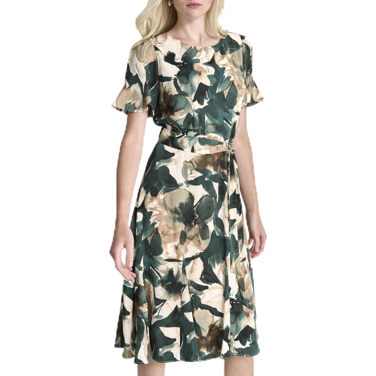 DKNY Vestido Midi de Gasa con Mangas y Falda Godet Vestido para Mujer