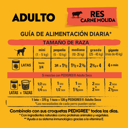 Pedigree Alimento Húmedo para Perros Adultos, Sabor Res Carne Molida 375 Gr, Paquete De 24 Latas