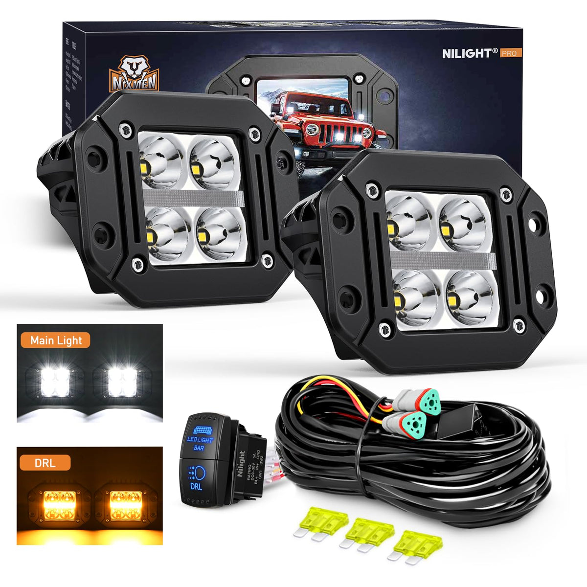 Nilight - Luces LED de montaje empotrado con ámbar DRL 2 piezas de haz de punto de 4.8 pulgadas, 20 W, 2510 lm, luz de conducción todoterreno de respaldo inverso, kit de cableado de 16 AWG, para