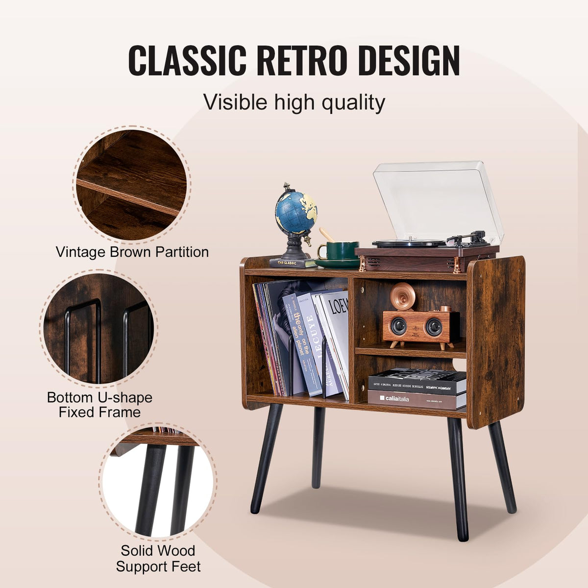VEVOR - Soporte para Tocadiscos, Soporte para hasta 100 álbumes, gabinete de Vinilo clásico con estantes extraíbles, Mesa de Jugador con Altura Ajustable para Sala de Estar, recámara, café
