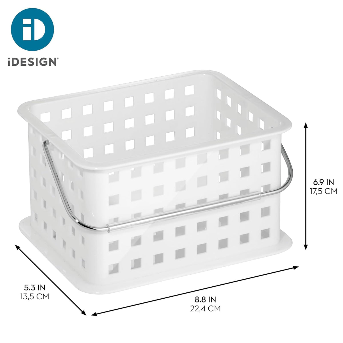 InterDesign Basic Cesta organizadora, canasto Organizador de baño de tamaño pequeño en plástico para artículos de Ducha y cosmética, Blanco