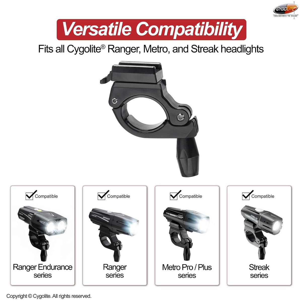 Cygolite Soporte de manubrio de 22 a 32 mm para Todas Las Luces de Bicicleta de la Serie Ranger, Metro y Streak, diseñado para manubrio de Bicicleta de 22 a 32 mm de diámetro, Soporte Genuino