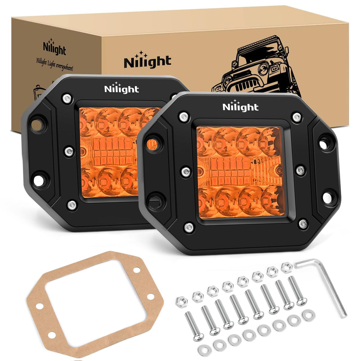 Nilight Flush Mount LED Light Pods 2 PCS 42 W Amber Upgraded Spot Flood Combo Driving Fog Lights Off Road Lights Bumper LED Work Light for Truck SUV ATV UTV Pickup Van Boat Tractor