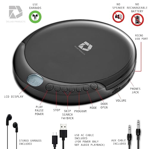 Deluxe Products Reproductor de CD portátil con 60 Segundos antisaltos, Auriculares estéreo, Incluye Cable Auxiliar y Cable de alimentación USB de CA para Uso en casa o en Automóvil