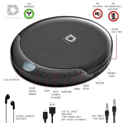 Deluxe Products Reproductor de CD portátil con 60 Segundos antisaltos, Auriculares estéreo, Incluye Cable Auxiliar y Cable de alimentación USB de CA para Uso en casa o en Automóvil