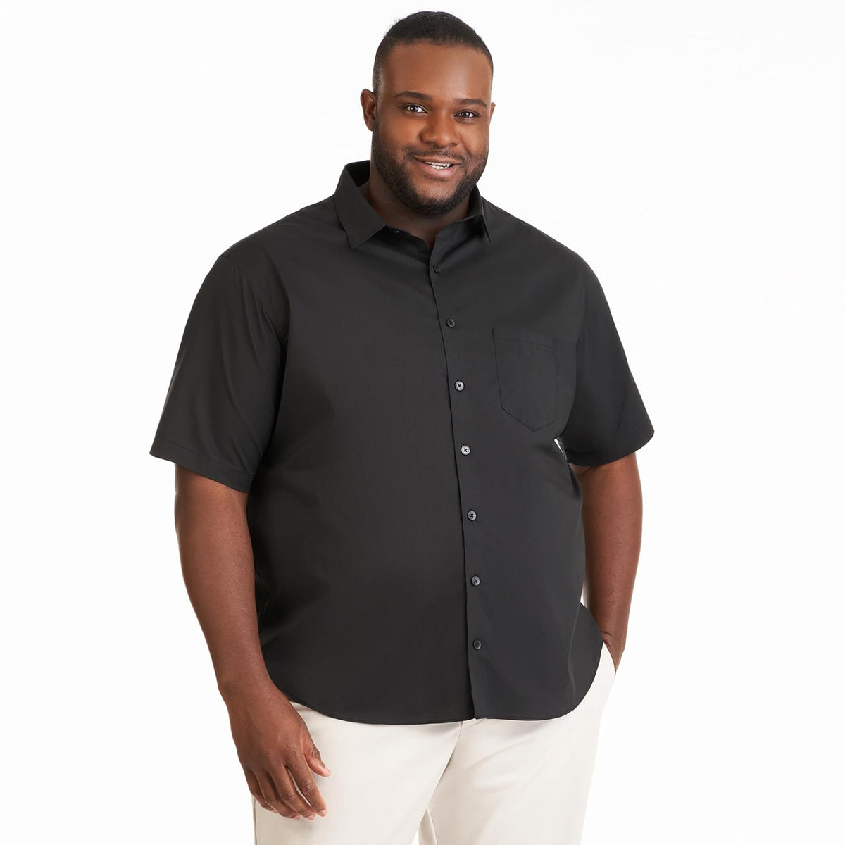 Van Heusen Camisa de Manga Corta sin Arrugas Grande y Alta a Cuadros Camisa Abotonada para para Hombre - Negro - Sólido - XXL