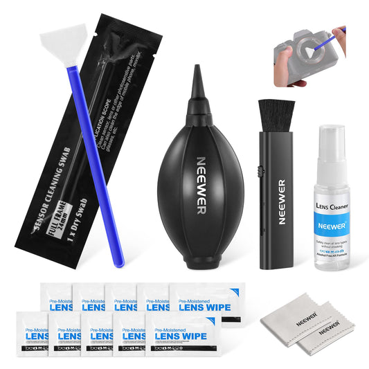 NEEWER Kit de Limpieza para Lentes Cámara 16 en 1: Cepillo + Soplador Aire + Bastoncillo Limpieza para Sensor Full Frame 24mm + 1 Spray Limpiador + 2 Paños + 10 Toallitas Húmedas Lentes (HM-44)
