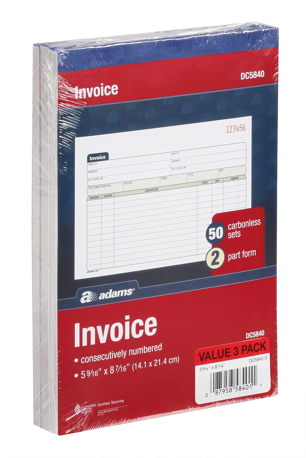 Adams DC5840-3 Libro de Facturas de Dos Partes, Pack de 3, 150 Facturas sin Carbono, Horizontal 14 x 21 cm