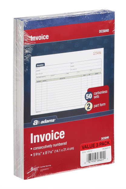Adams DC5840-3 Libro de Facturas de Dos Partes, Pack de 3, 150 Facturas sin Carbono, Horizontal 14 x 21 cm