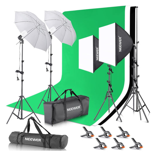 NEEWER 2.6m x 3m / 8.5ft x 10ft Sistema de Soporte de Fondo y 800W 5500K Caja de Luz de Paraguas Kit de Iluminación Continua para Producto de Estudio Fotográfico, Fotografía de Retrato y Video