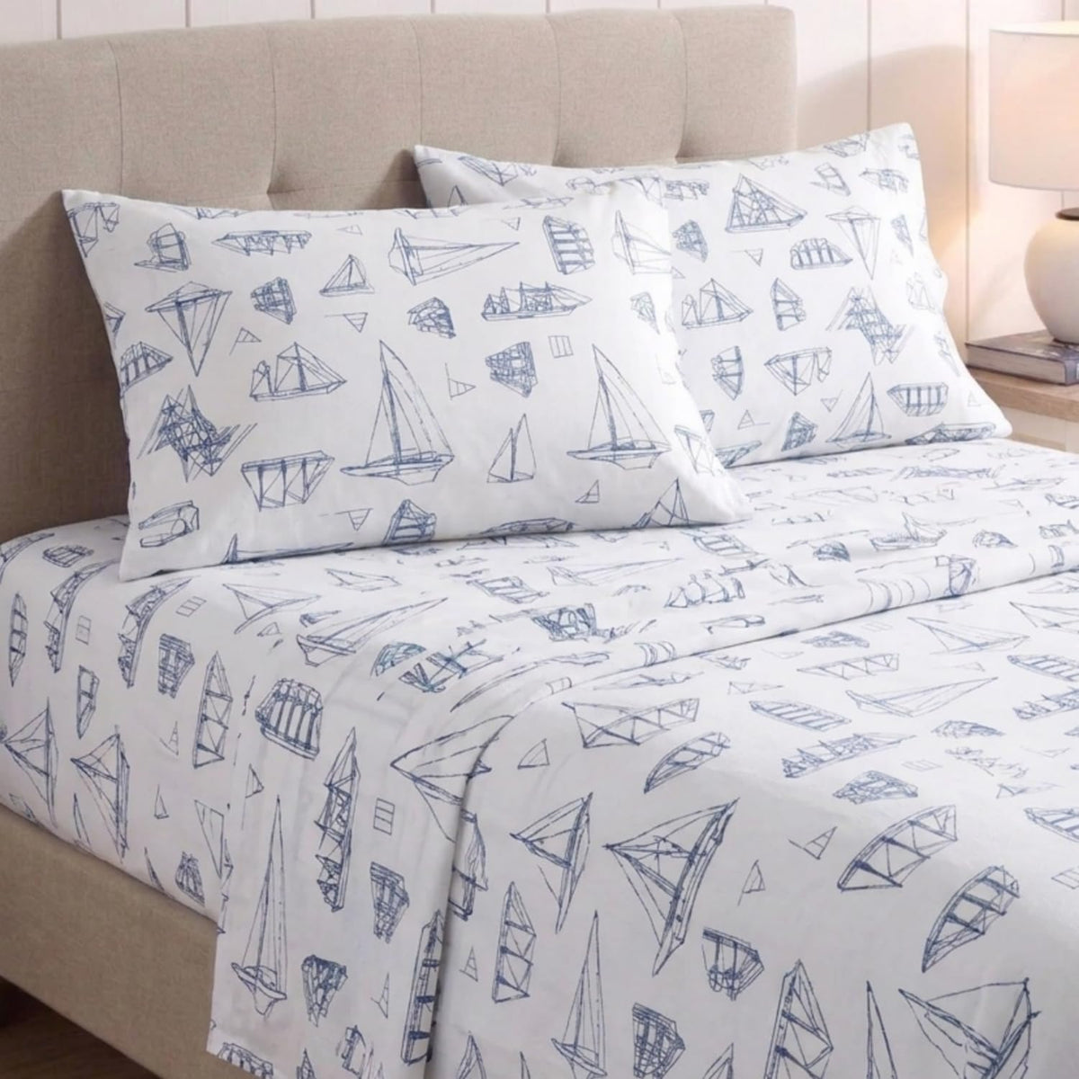 Nautica - Juego de sábanas de algodón percal con Funda de Almohada a Juego, elástico, Esenciales para recámara (Azul Vela de Madera Blanca)
