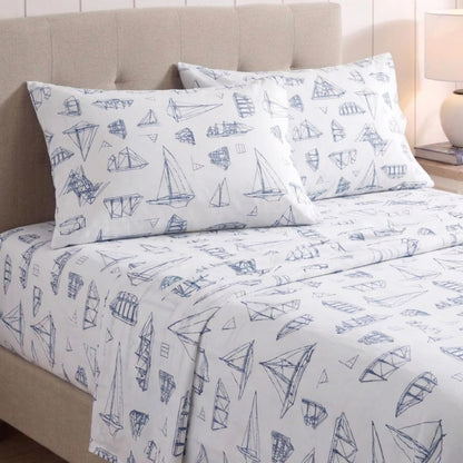 Nautica - Juego de sábanas de algodón percal con Funda de Almohada a Juego, elástico, Esenciales para recámara (Azul Vela de Madera Blanca)