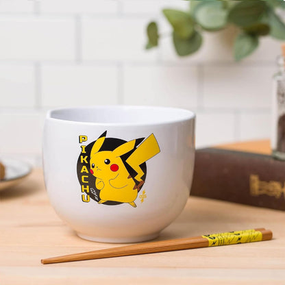 Silver Buffalo Pokemon Pikachu - tazón de arroz con palillos de cerámica para fideos Ramen, apto para microondas, 20 onzas