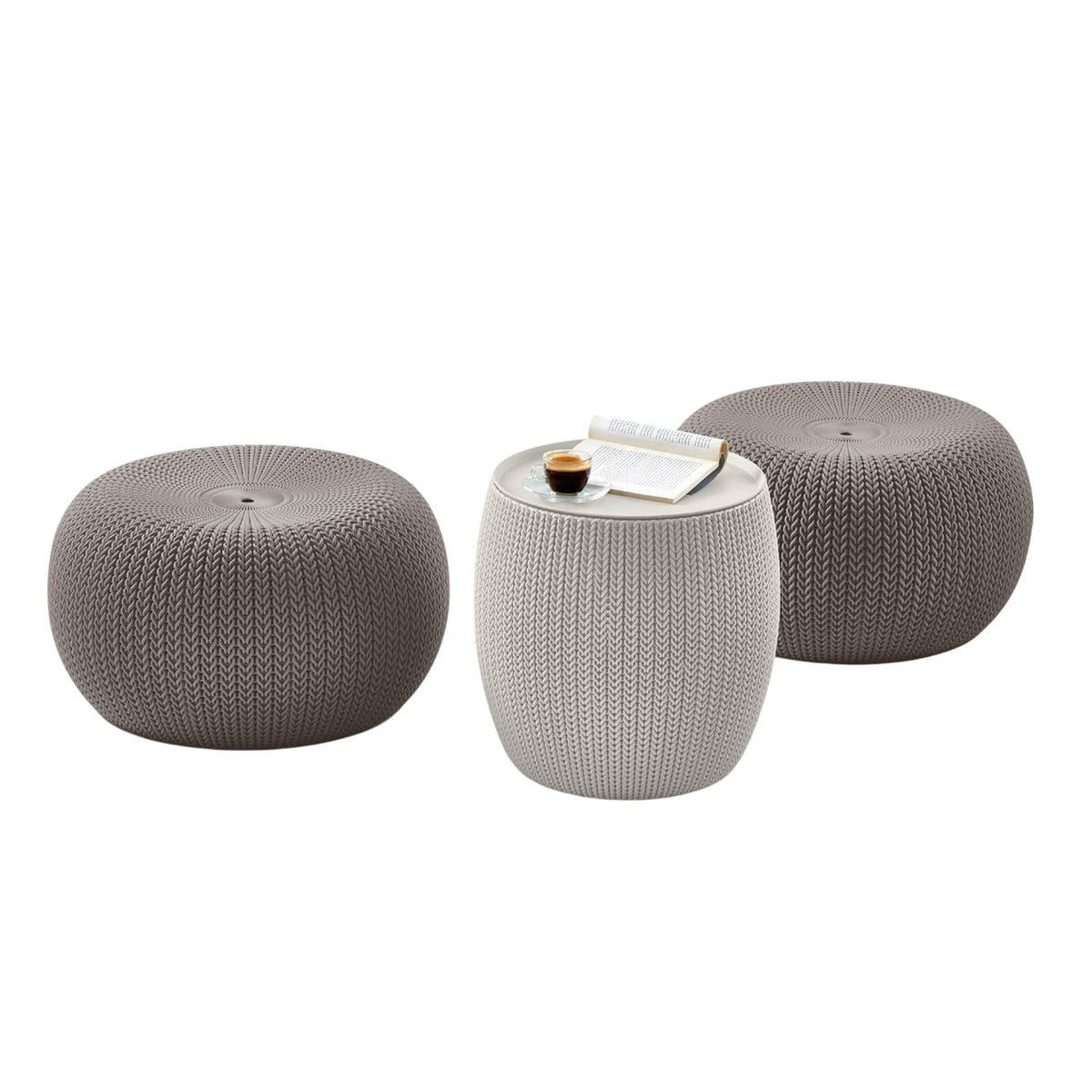 Keter Urban Knit Juego de 2 Puf Otomano con Mesa de Almacenamiento - Crema y gris pardo.
