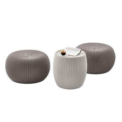 Keter Urban Knit Juego de 2 Puf Otomano con Mesa de Almacenamiento - Crema y gris pardo.