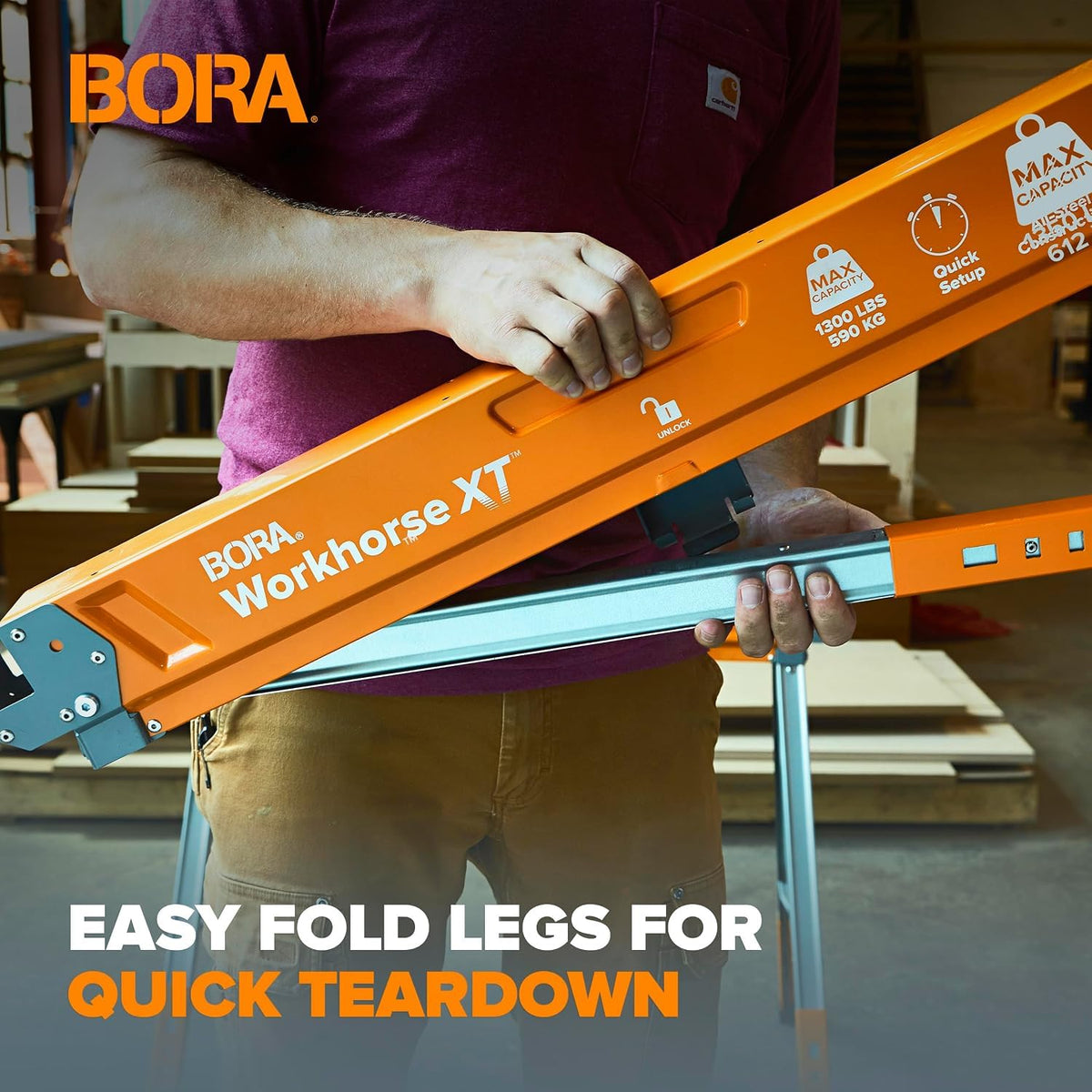BORA Workhorse XT - Juego de 2 caballos de sierra plegables, resistentes, ajustables, altura ajustable, par de sawhorse con patas ajustables, caballo de sierra resistente para contratistas, banco de