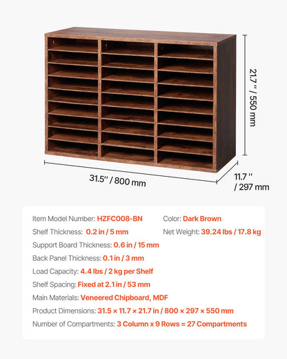 VEVOR Organizador de literatura, 27 compartimentos, buzón de oficina con estantes extraíbles, clasificador de buzones de madera, tablero de partículas, oficina, hogar, aula, clasificador de archivos