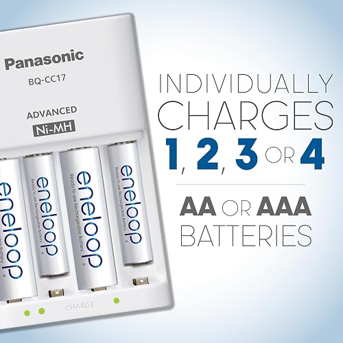 Panasonic - Cargador avanzado de baterías individuales con pilas recargables AA Eneloop, nuevas baterías recargables de 2100 ciclos, paquete de 4, blanco