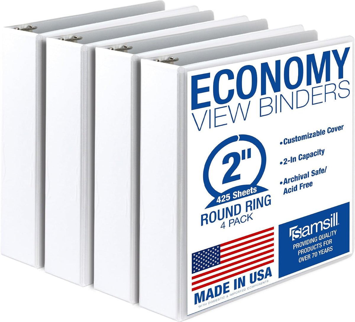 Samsill Carpeta de 3 anillas de 2 pulgadas, fabricada en Estados Unidos, anillo redondo económico, cubierta de visión transparente, capacidad de 425 hojas, para escuela, hogar, oficina, blanco, - Blanco - 4 paquetes - 2 pulgadas