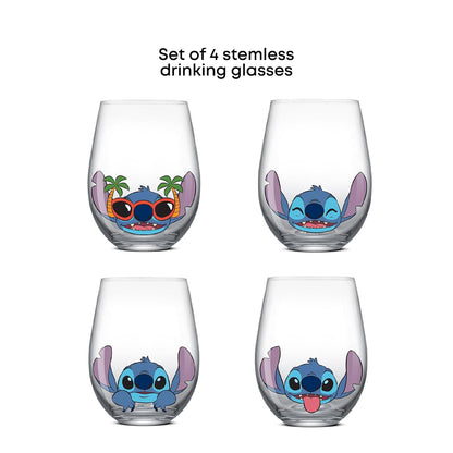 JoyJolt Disney Stitch Tonly Sips - Vasos para beber sin tallo, tazas de vidrio de lágrima de 19 onzas, juego de 4 vasos de vidrio, cosas de puntada, regalos de Lilo y puntada, regalos de Disney para