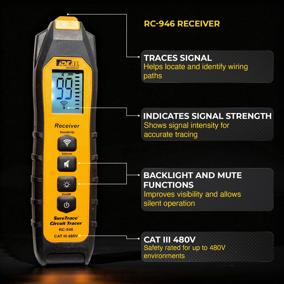 Ideal Electrical SureTrace - Trazador de circuitos digitales (61-946) 0-480 voltios CA/CC con visualización retroiluminada: encuentra interruptores, fusibles, cables, pantalones cortos muertos y