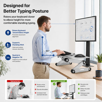 WorkEZ - Bandeja ergonómica para teclado y mouse, altura ajustable, ángulo negativo, inclinación para sentarse en el computadora, mesa de computadora, soporte para computadora de pie, elevar teclados a la altura de pie, color plateado