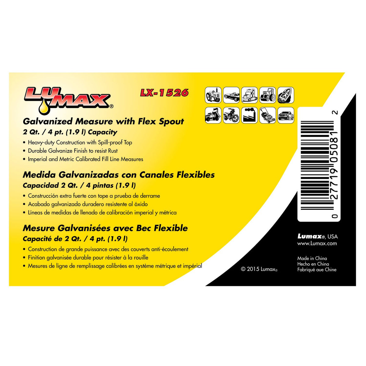 Lumax LX-1526 - Lata de Medida galvanizada de 2 Cuartos con Boquilla Flexible Construcción de Acero galvanizado para Mayor Durabilidad. Acabado galvanizado Duradero para Resistir el óxido.