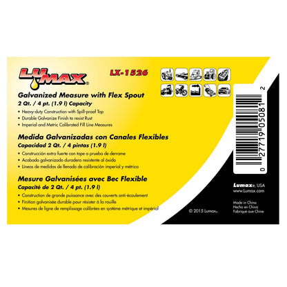 Lumax LX-1526 - Lata de Medida galvanizada de 2 Cuartos con Boquilla Flexible Construcción de Acero galvanizado para Mayor Durabilidad. Acabado galvanizado Duradero para Resistir el óxido.
