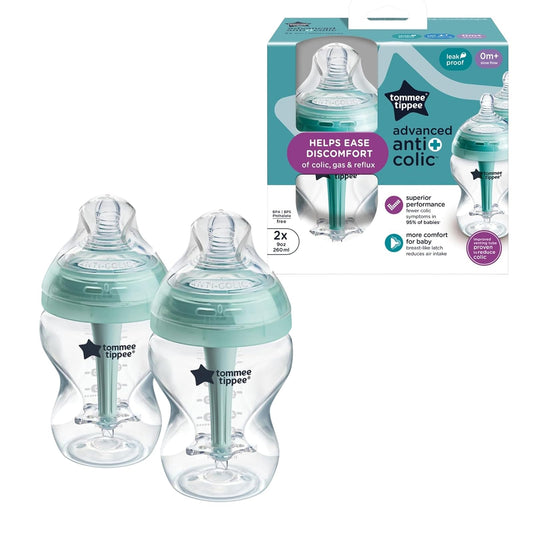 Tommee Tippee Biberones Advanced Anticólicos, Recién Nacido, 260ml/9oz | Paquete de 2, Tetina Flujo Lento Tipo Pecho, Diseño Único Aleja el Aire de la Leche, Transparente, Mamila Libre de BPA