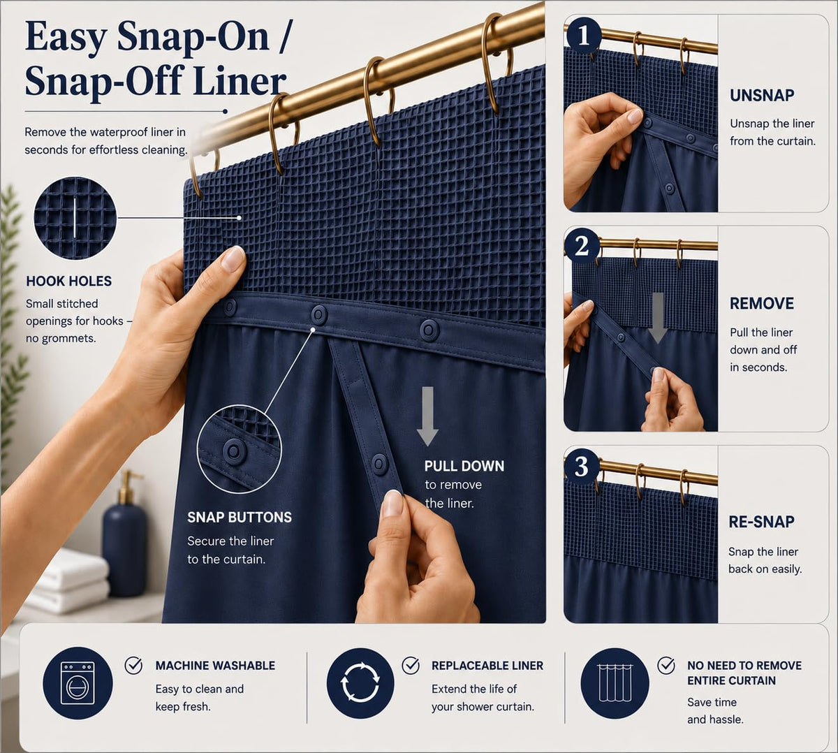Dainty Home Smart Design - Cortina para regadera, Tela, Azul Marino, 72 Inch x 72 Inch, 1