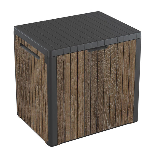 Keter Signature Everwood - Caja de almacenamiento de resina para exteriores de 30 galones y mesa auxiliar de muebles de patio para accesorios de piscina y jardín, nogal